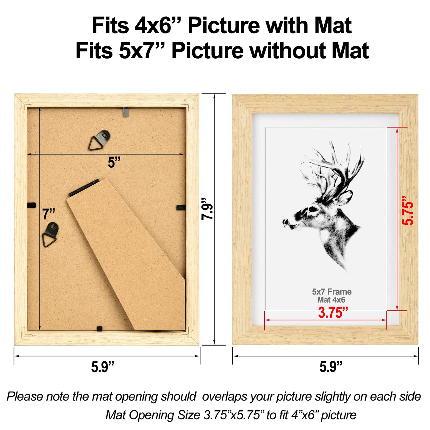 Yaetm 5x7 Oak Picture Frame with Mat for 4x6 Set of 2, Natural Solid Wood Photo Frames 5x7 with Tempered Glass, Display on Tabletop or Wall Mounting (2 Pack, Oak)