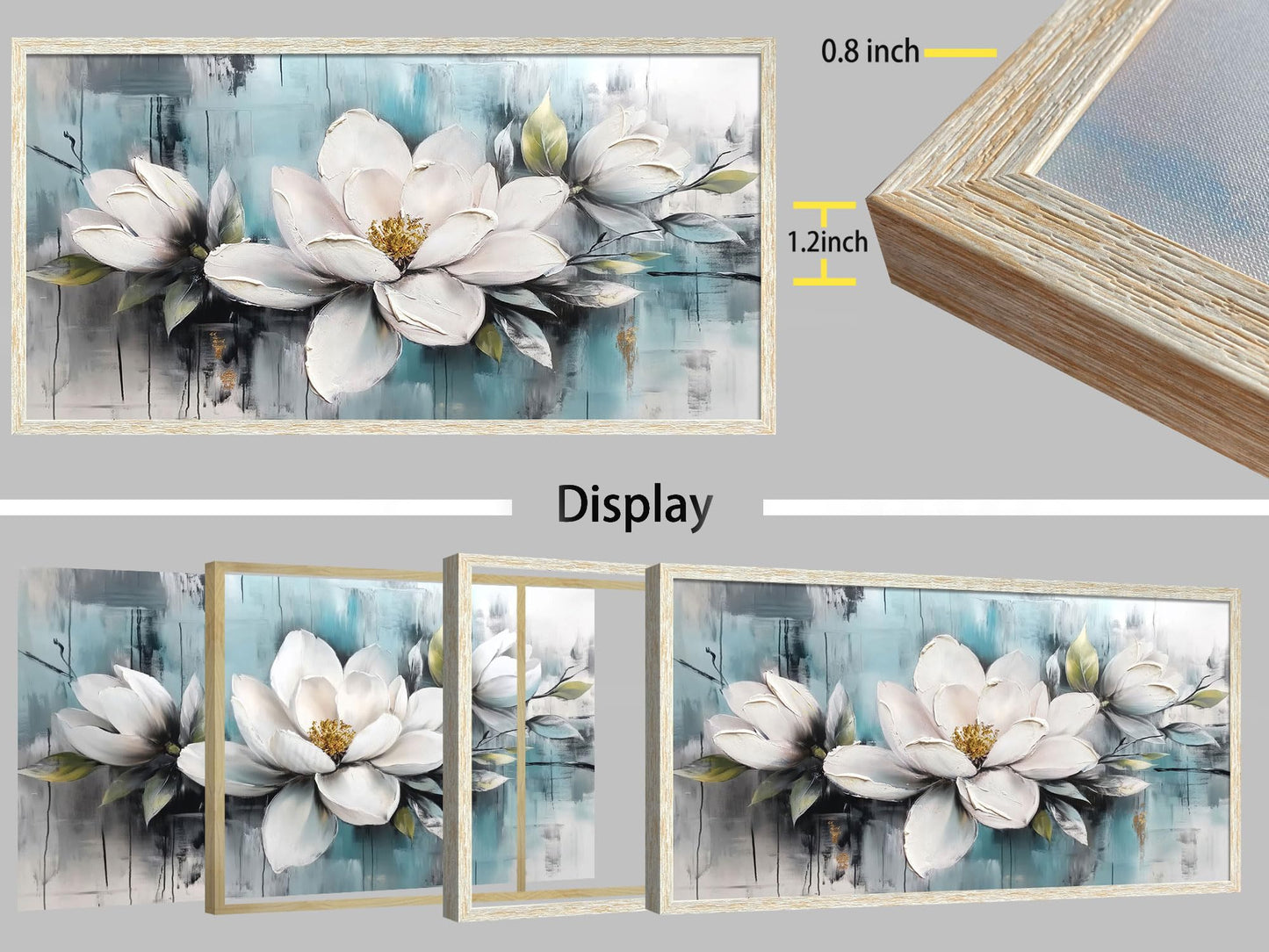 Ardemy Magnolia Wall Art Framed Canvas Wall Decor Living Room, White Floral Picture Wall Decor Teal Painting Flower Textured Extra Large Artwork for Bedroom Dining Room Home Office 58"x29"