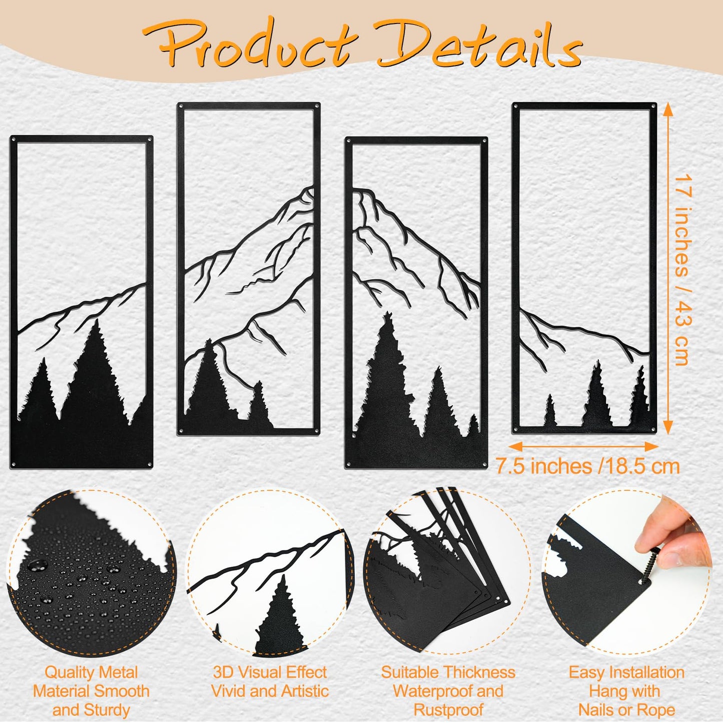 SEISSO 4 Pcs Metal Mountain Wall Art Black Mountain and Forest Wall Decor Line Drawing Metal Wall Sculptures Minimalist Rustic Nature Wall Art Decor for Living Room Office Bedroom Home 17 x 7.5 In