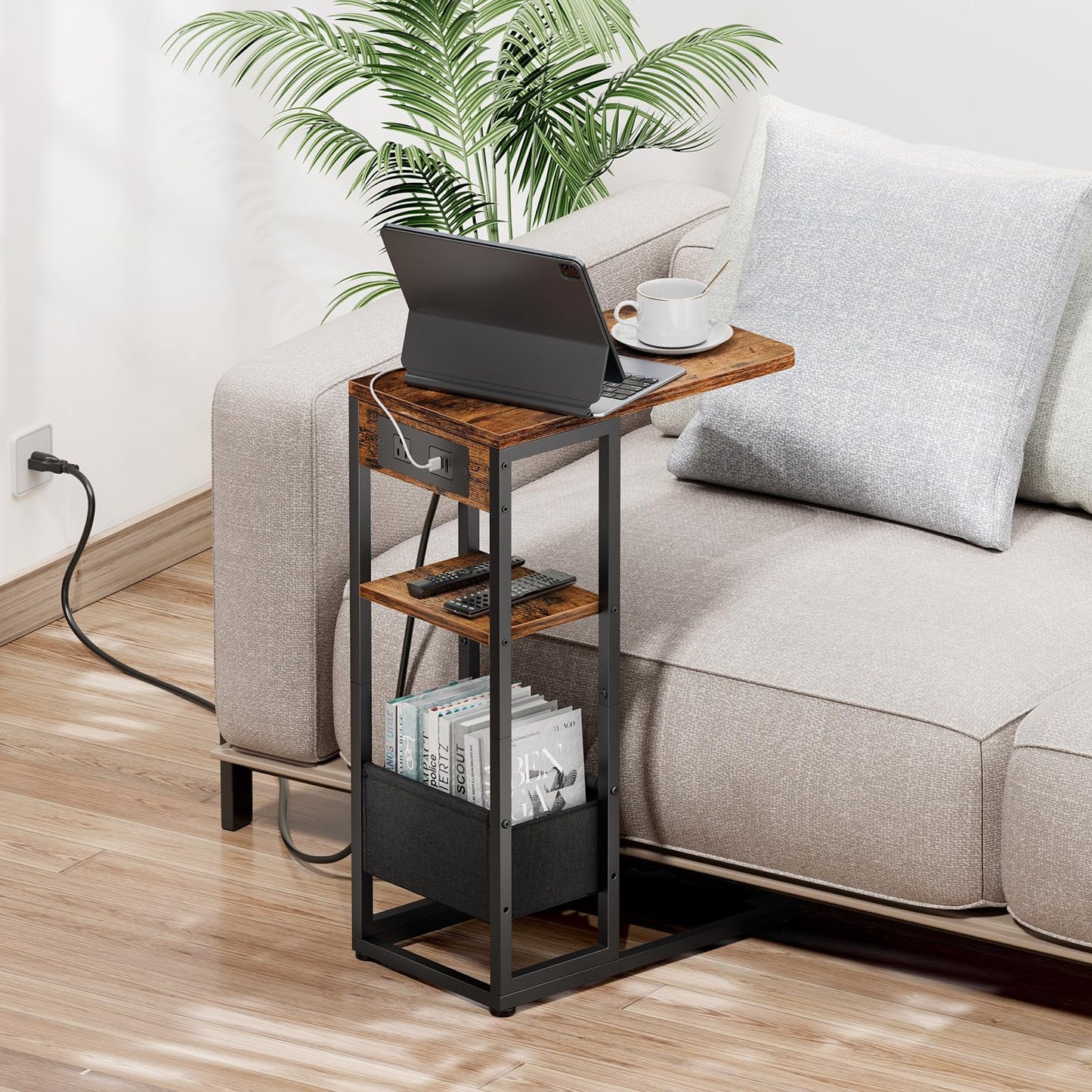 Yuede C Shaped End Table with Charging Station,3-Layer Sofa C Table Side Table, Slide Under Sofa Desk Snack Tables with Storage Bag w/AC U-S-B Port & Socket,Small Spaces Drink Tables for Living Room