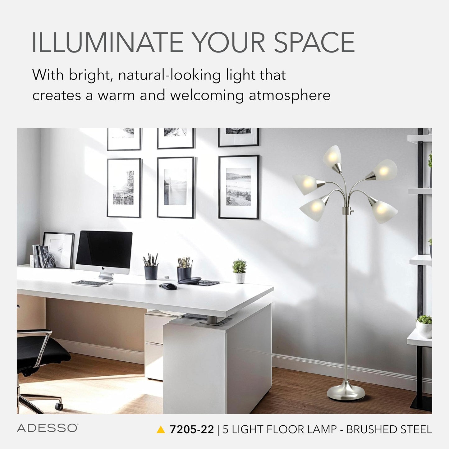 Adesso Floor Lamp with 5 Movable Shades & Adjustable Brightness – Perfect Lighting for Bedroom Decor, Beauty & Art Studio, Silver