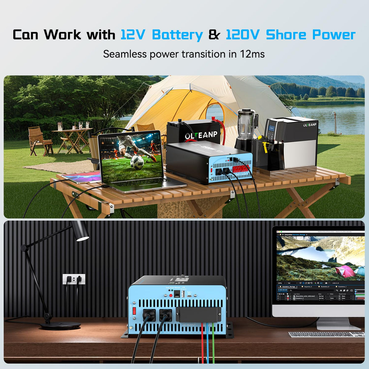 2500W Pure Sine Wave Power Inverter with Transfer Switch, 12V DC to 120V AC Converter, Auto Switch to Shore Power, 5000W Peak, Remote LCD Controller, USB & Type-C for RV, Truck, Off-Grid Use