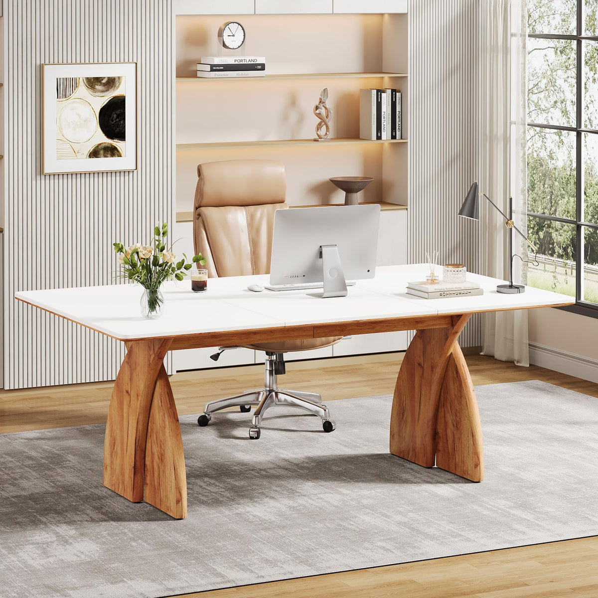 Tribesigns 63-Inch Executive Desk, Large Office Computer Desk with Heavy Duty Legs, Simple Laptop Desk Study Writing Table Business Furniture for Home Office (White and Brown)