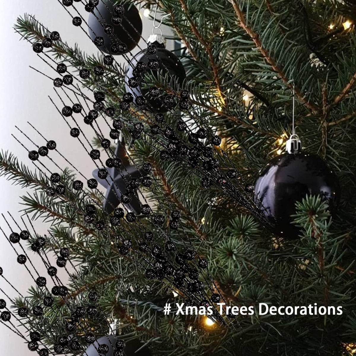 Megoogo 12 PCS Artificial Glitter Berry, Black Glitter Picks Artificial Berries Stems for Christmas Ornaments Fake Stem Decorative Sticks for Vases Tall DIY Wreath Halloween Decor