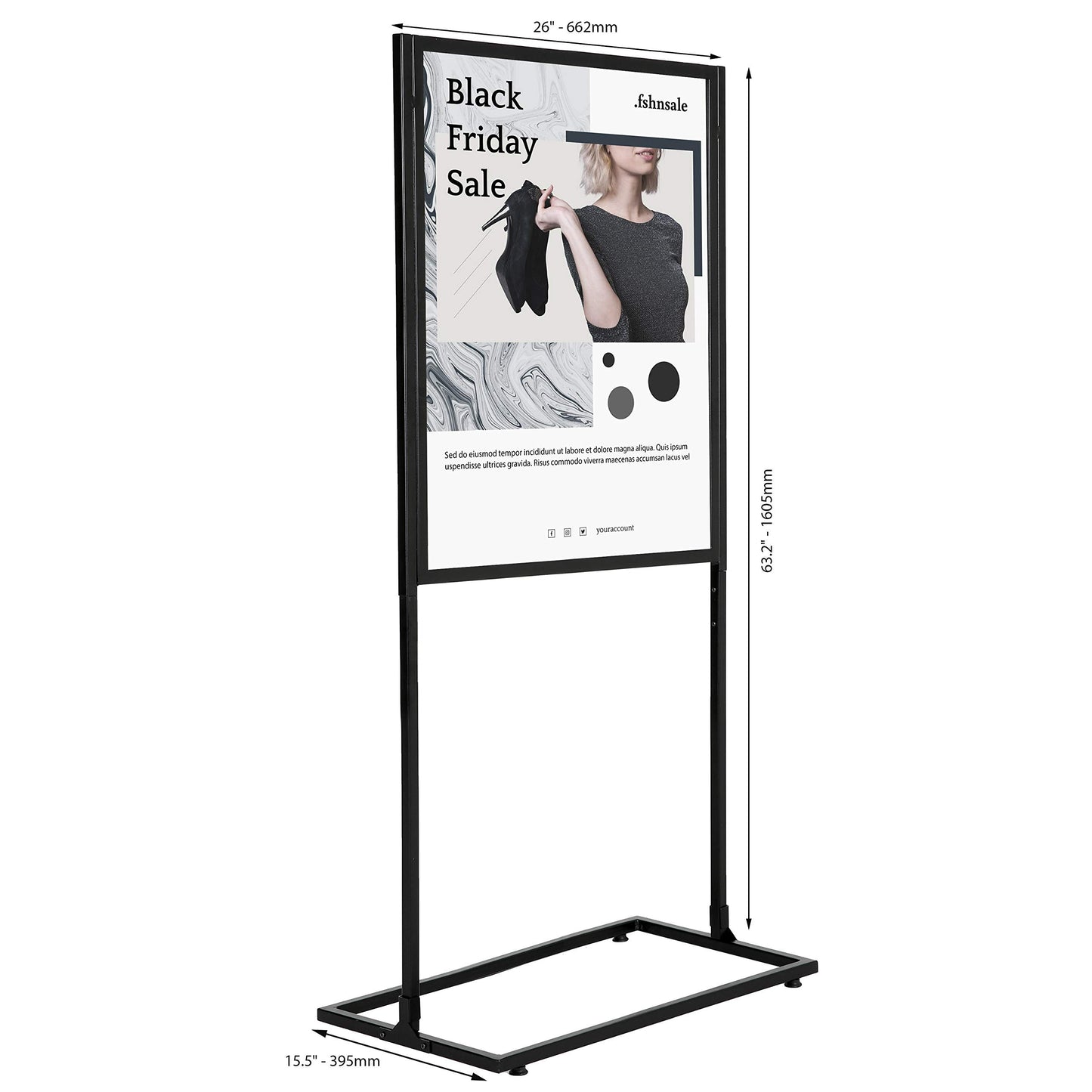 M&T Displays Metal Eco Info Board, Black 24x36 Inches Slide-In Poster Sign Holder 1 Tier Double Sided Floor Standing Pedestal Advertising Display with Backing and Anti-Glare PET Cover