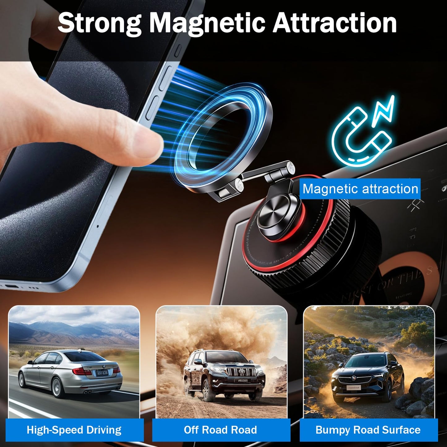 makecatch Magnetic Car Phone Mount, 120+ LB Vacuum Suction & 3000gf Magnetic Force, 360° Triple-Axis Adjustable Car Holder for iPhone & All Phones, Twist-Lock Suction Cup, Quick-Release (Black)