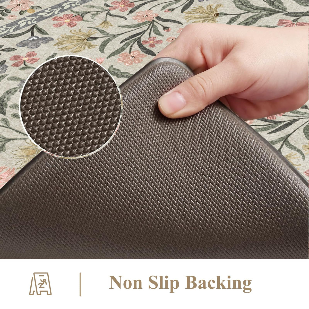 Collive Anti Fatigue Mat for Kitchen Floor, Spring Floral Kitchen Mats for Floor Set of 2, Beige Cushioned Waterproof Sink Rugs Non Slip Comfort Standing Rug for Office, Laundry, Desk