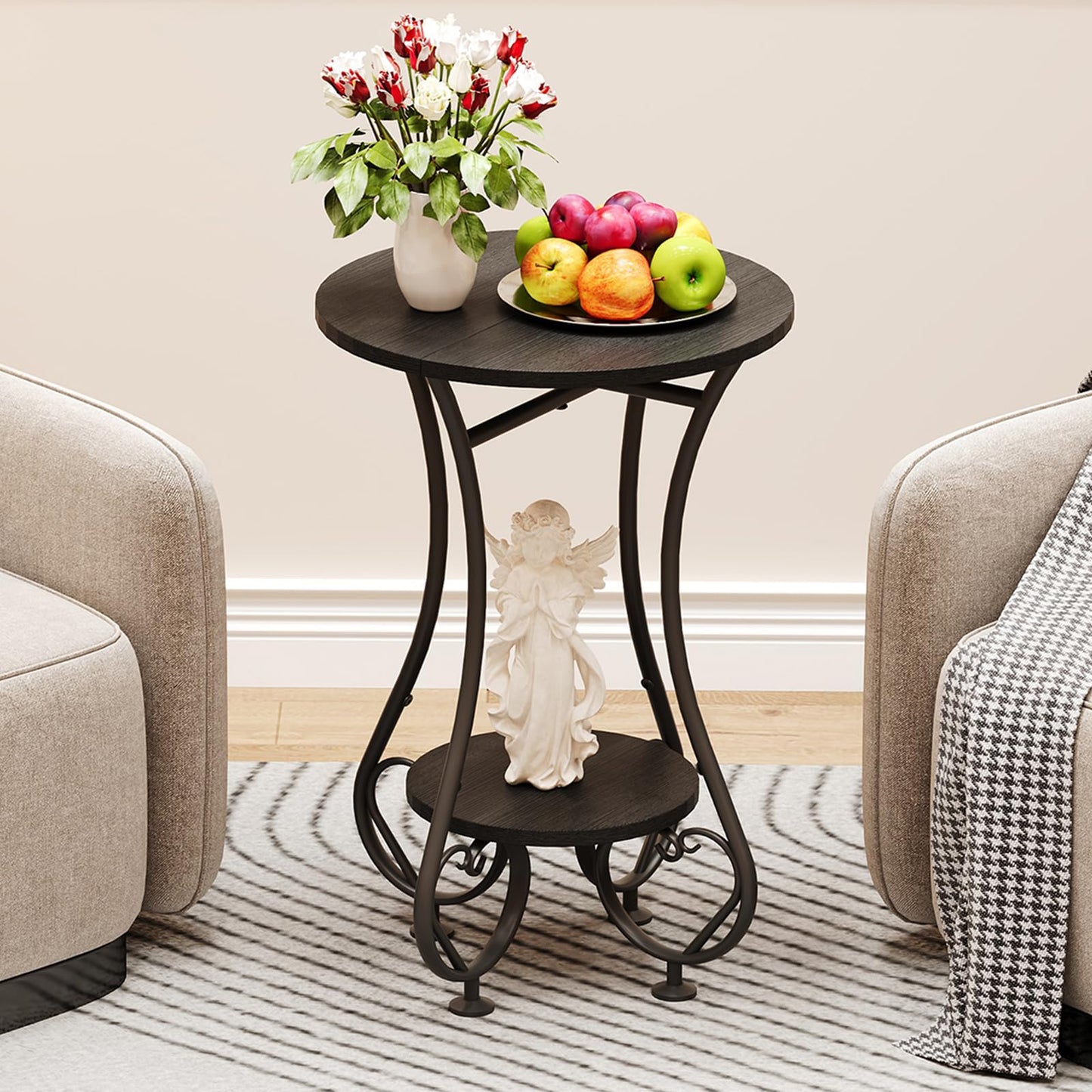 X-cosrack Small Round Side Table,Round End Table for Small Spaces - Black Metal Nightstand with Adjustable Feet,Couch Sofa Coffee Table,Retro Accent Table for Living Room Bedroom Balcony