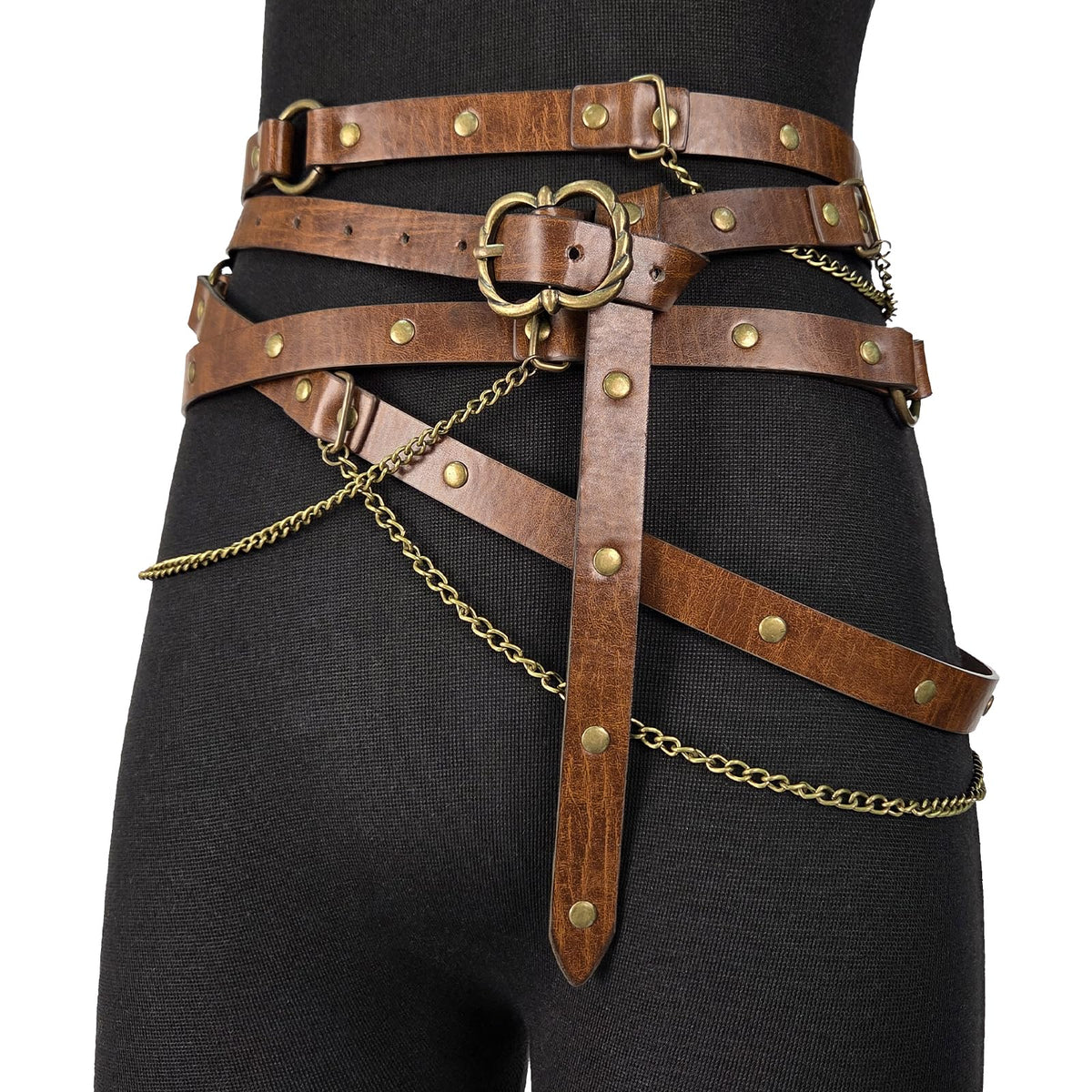 HiiFeuer Medieval DIY Faux Leather Metal Chain Belt, Vintage Adjustable Thin Belt For Women, Retro Skinny Belt For Dresses (Brown A)