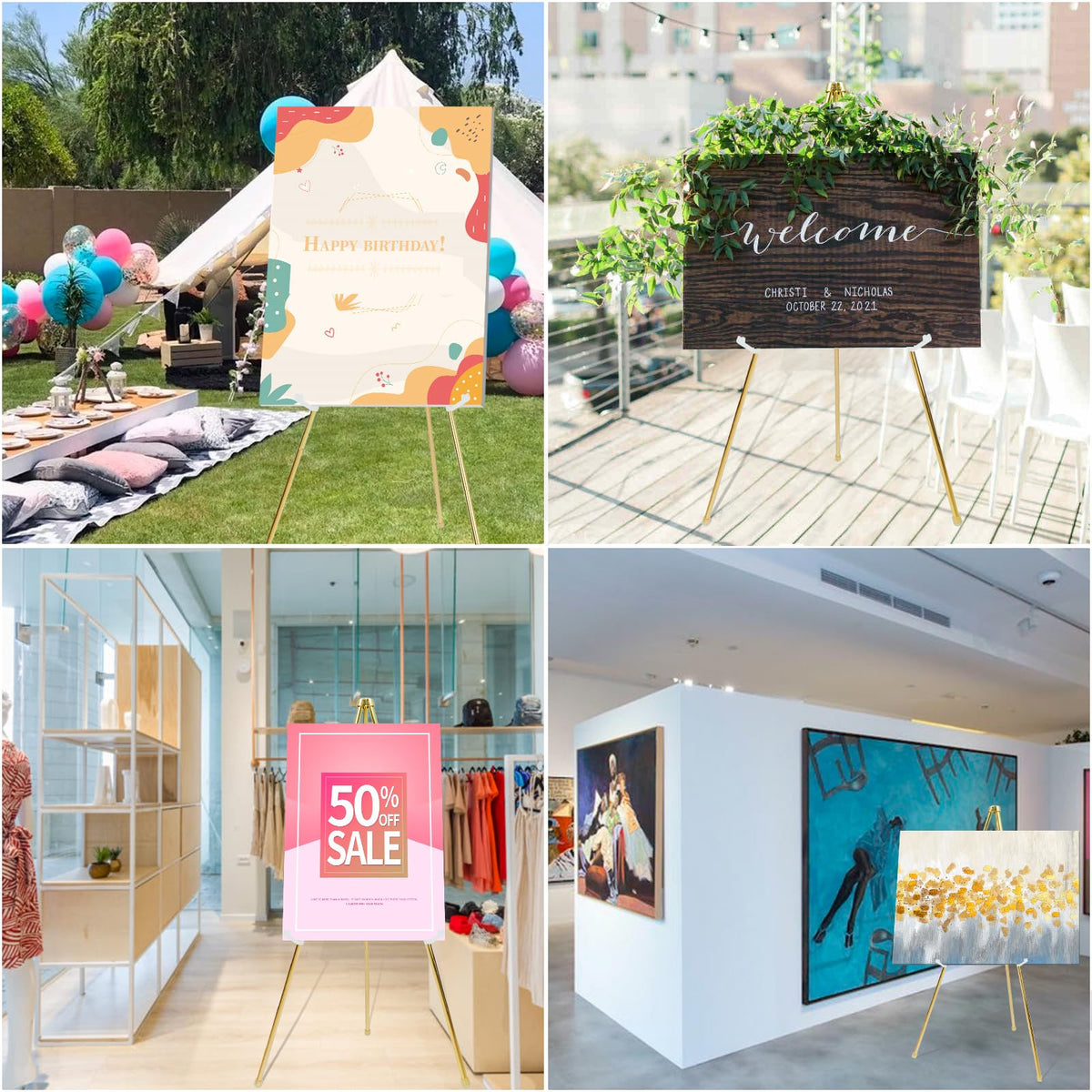 DANMO Easel Stand for Wedding Sign Poster 63'' Instant Display Floor Adjustable Metal Art Easel Gold