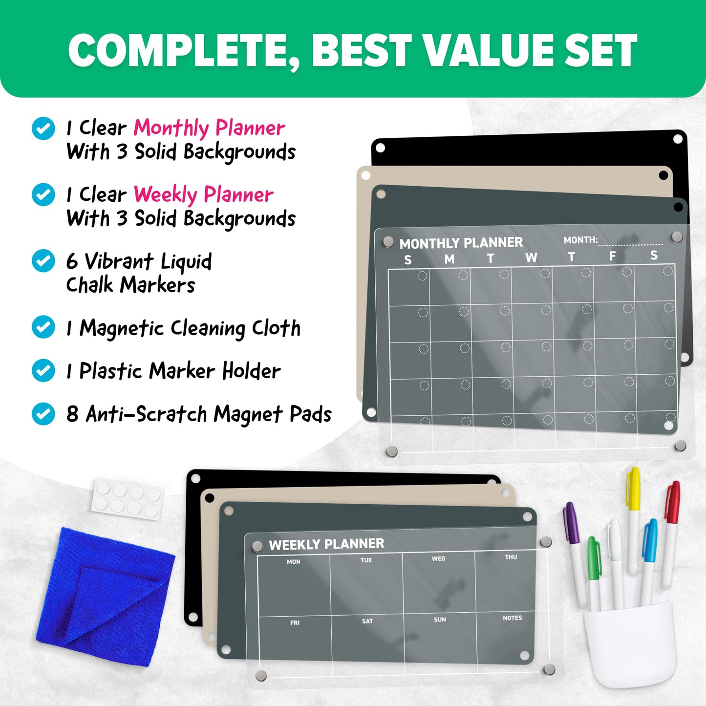 Acrylic Calendar for Fridge - Magnetic Calendar for Refrigerator - 2pc Family Refrigerator Magnetic Dry Erase Planning Board Monthly Weekly - 6 Liquid Chalk Markers & 3 Interchangeable Backgrounds