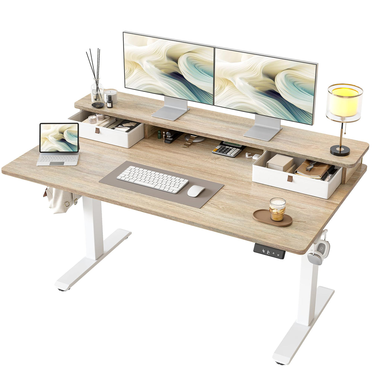 TIQLAB Standing Desk with Two Drawers, Stand Up Standing Desk Adjustable Height, Electric Sit Stand Table with Storage Shelf and Splice Board, 55 * 28 inch, Maple