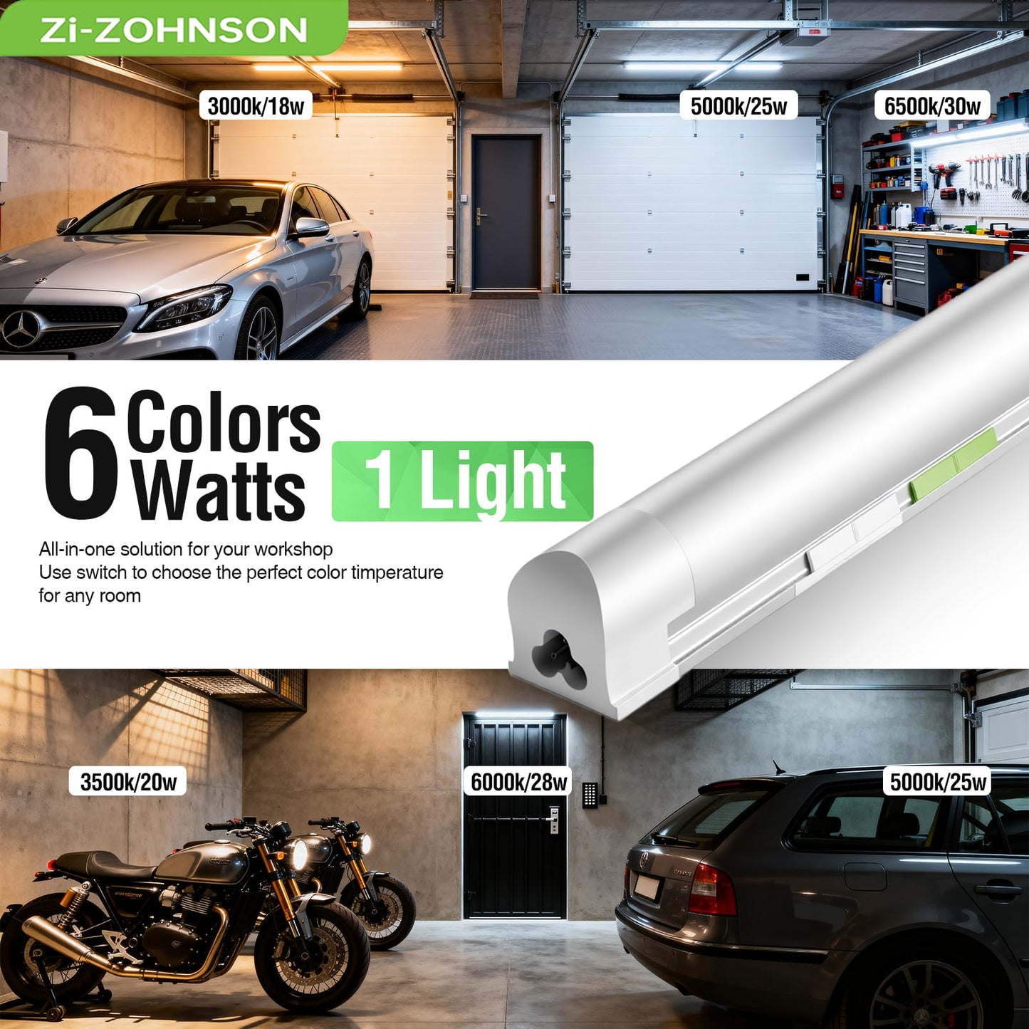 Zi-ZOHNSON 6 Pack Dimmable 4FT Led Shop Lights,30W T8 Integrated LED Light,3000-6500K Tunable with Switches 6CCT 6Watts,4500LM Frosted Cover,Linkable, Plug-in Shop Lights for Workshop,Garage,Basement
