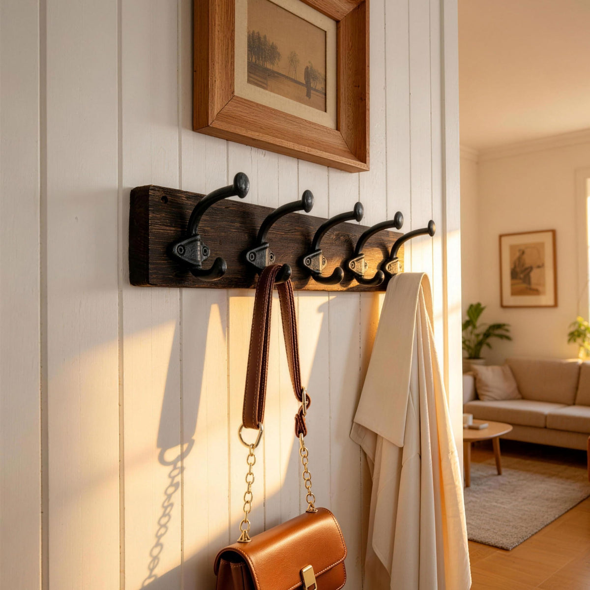 WEBI Rustic Coat Rack Wall Mount,5 Cast Iron Coat Hooks Wall Mounted,Heavy Duty Farmhouse Wood Coat Hanger Wall Antique Vintage Hooks for Hanging Jacket,Clothes,Backpack,Weathered Brown