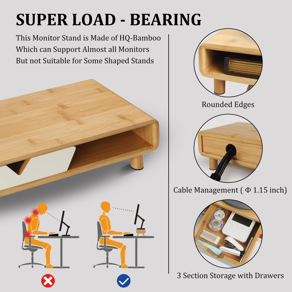 Homerays Monitor Stand with Drawer, Exquisite Computer Monitor Stand for Desk, Ergonomic Wood Monitor Stand Riser for Computer,Laptop,Printer,TV,Bamboo,White