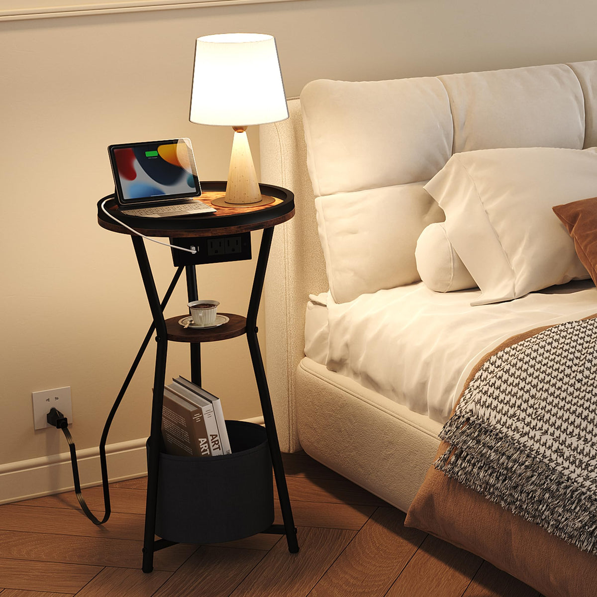 Yusong Round Side Table with Charging Station, Small Drink Table for Small Spaces, 3-Tier Industrial End Table, Accent Nightstand Bedside Table for Living Room, Bedroom, Sofa Couch, Rustic Brown