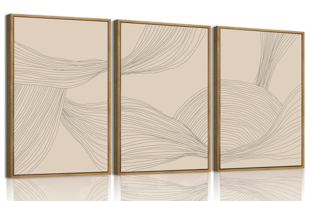 myusuar 3 Piece Large Modern Abstract Canvas Framed Wall Art For Living Room, Beige Minimalist Wall Art Decor Posters Prints For Bedroom Office, 12x16in