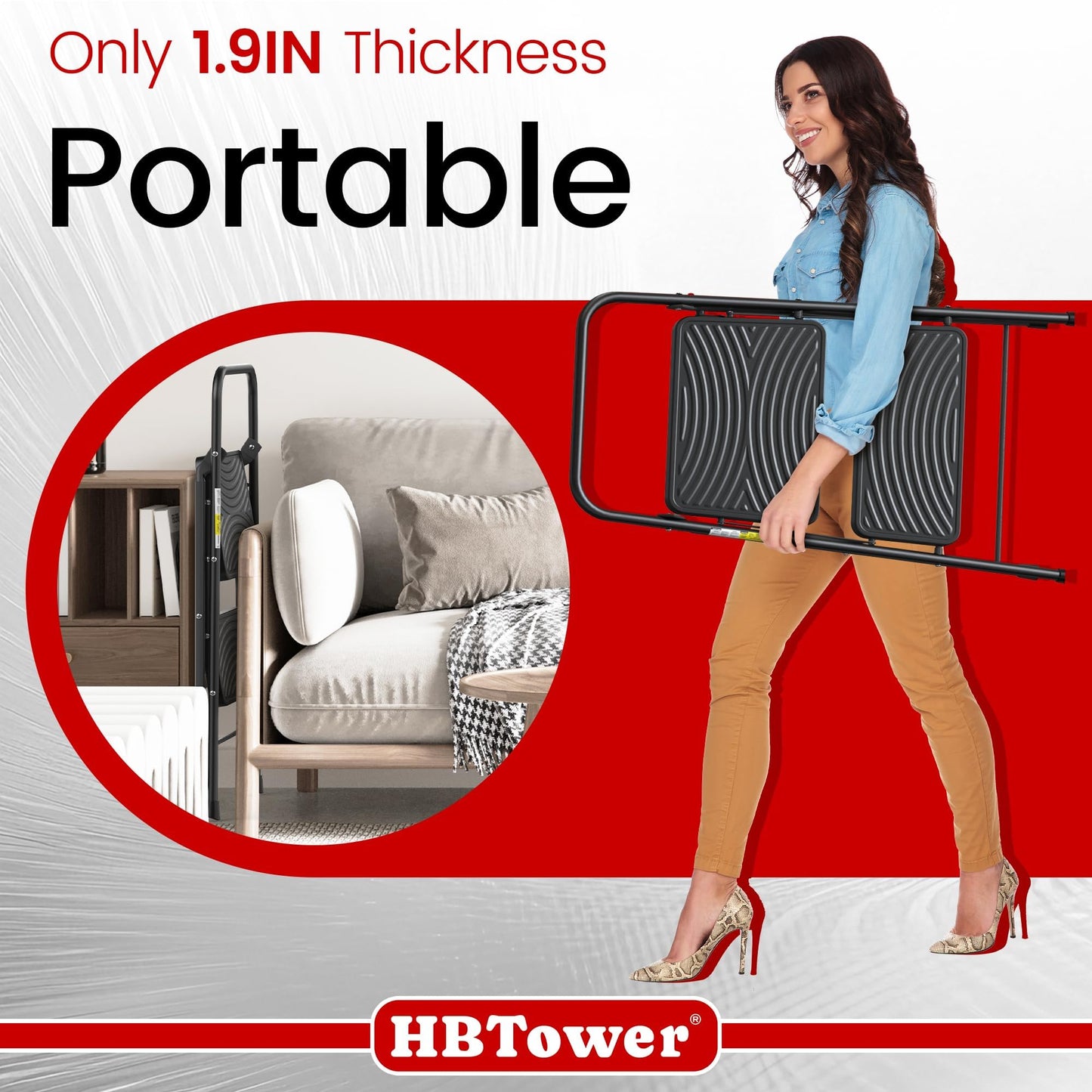 HBtower 2 Step Ladder, Step Stool with Wide Anti-Slip Pedal, Folding Step Stool with Convenient Handle for Home and Kitchen, Black