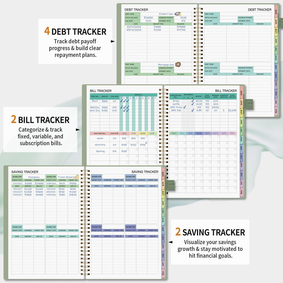 Budget Planner - Monthly Budget Book for Daily Expense Tracking, Business, Debt, Savings, B5 (7.3" x 10.15") Undated Financial Planner with Colorful Tabs Manages Your Money Effectively, Light Green