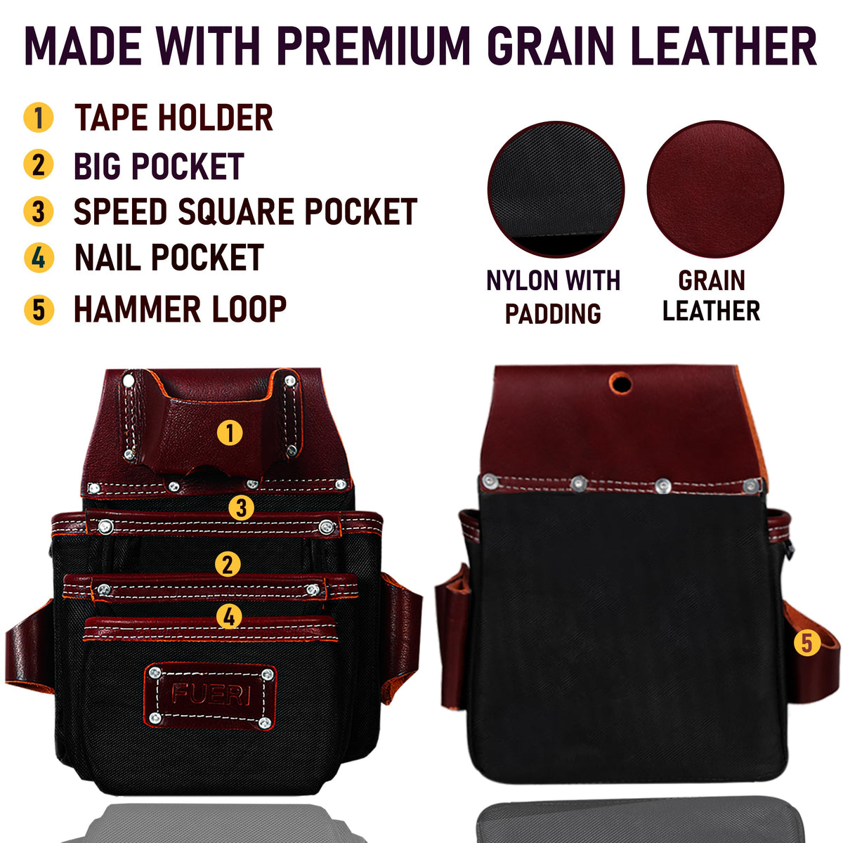 FUERI Tool Belt With Suspender Men Carpenter Pouches Construction Bags (Black and Maroon Tool Belt with Black Suspender, 2X-Large (48'' to 54''))