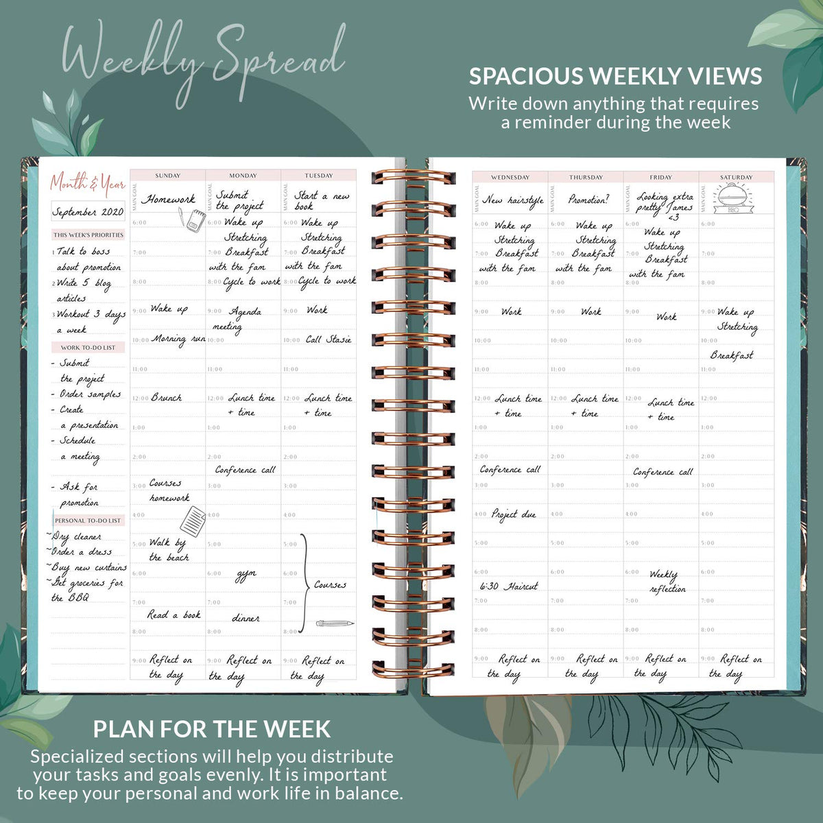 PLANBERRY Hourly Schedule Planner Premium – Undated Weekly Organizer with Time Slots & Monthly Budget – Time Management, Goal Setting, to-Do List & Habit Tracker –6.9″x8.5″(Green Pastures)