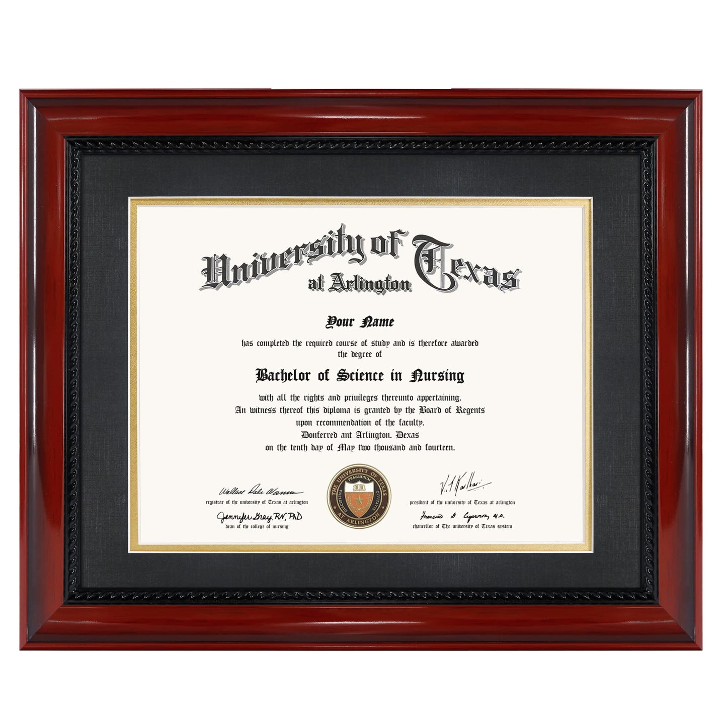 GMFrames 8.5x11 Diploma Degree Frame with Mat or Display 11x14 Certificates without Mat,Solid Wood,Cherry Finish with Intricate Black Rope Detail,UV Protection Acrylic