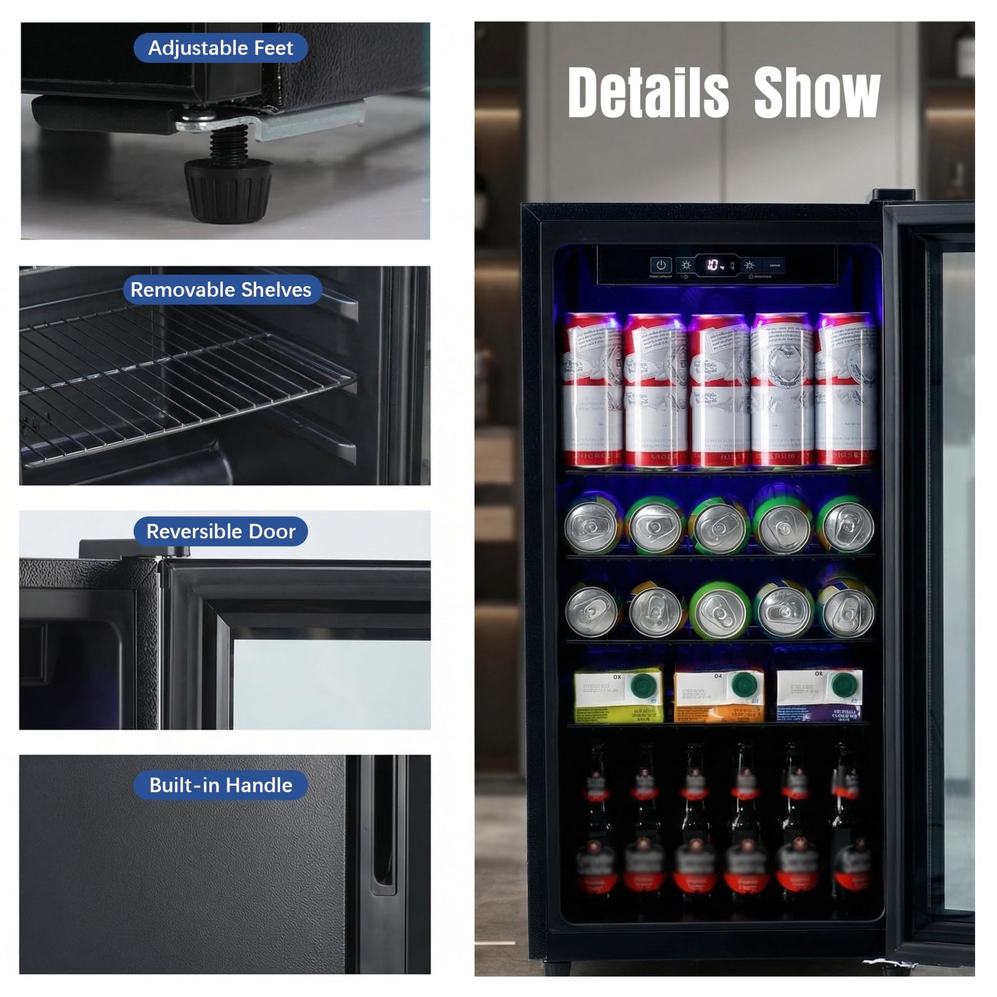 Borcolo Beverage Refrigerator, 160 Can Mini Fridge Glass Door for Soda, Beer or Wine with LED Light, Temperature Control, Compact Mini Bar Adjustable Removable Shelves for Home/Office 4.0 Cu.Ft