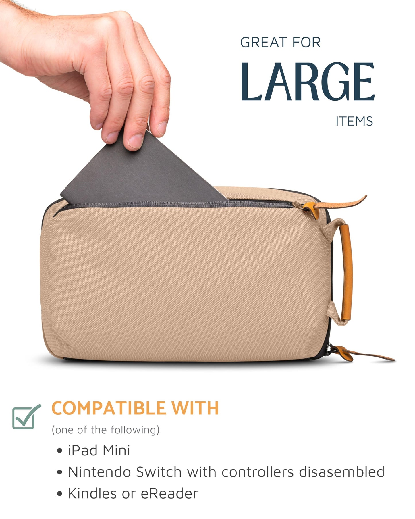 Tech Bag Organizer - Small Electronics Organizer Pouch for Travel - Premium Travel Case with Leather Accents - Mesh Pocket for Cables, Cords and Chargers (Tan)