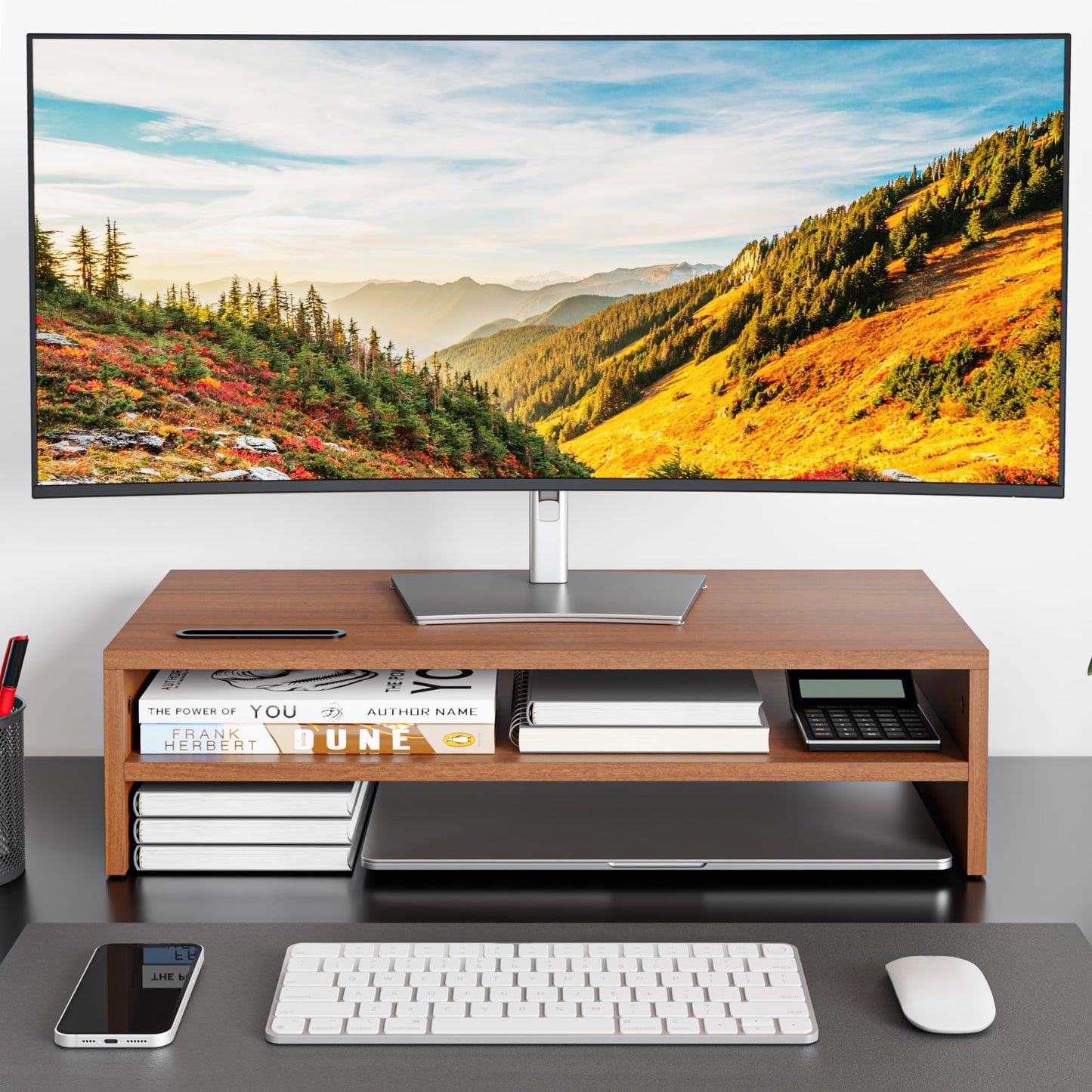 BONTEC Wood Monitor Stand Riser, 2-Tier Desktop Organizer with Storage, Ergonomic Computer Stand for Desk, Cable Management, Cellphone Holder, 21.3 Inch Shelf, Walnut