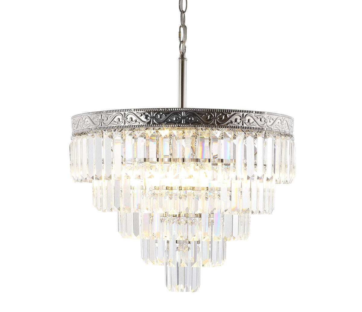 JONATHAN Y 20" Polished Nickel/Clear 4-Light LED Chandelier, Modern Tiered Pendant Light Fixture for Dining Room, Bedroom, Entryway with Clear Faceted Crystal Shade (JYL9007A)