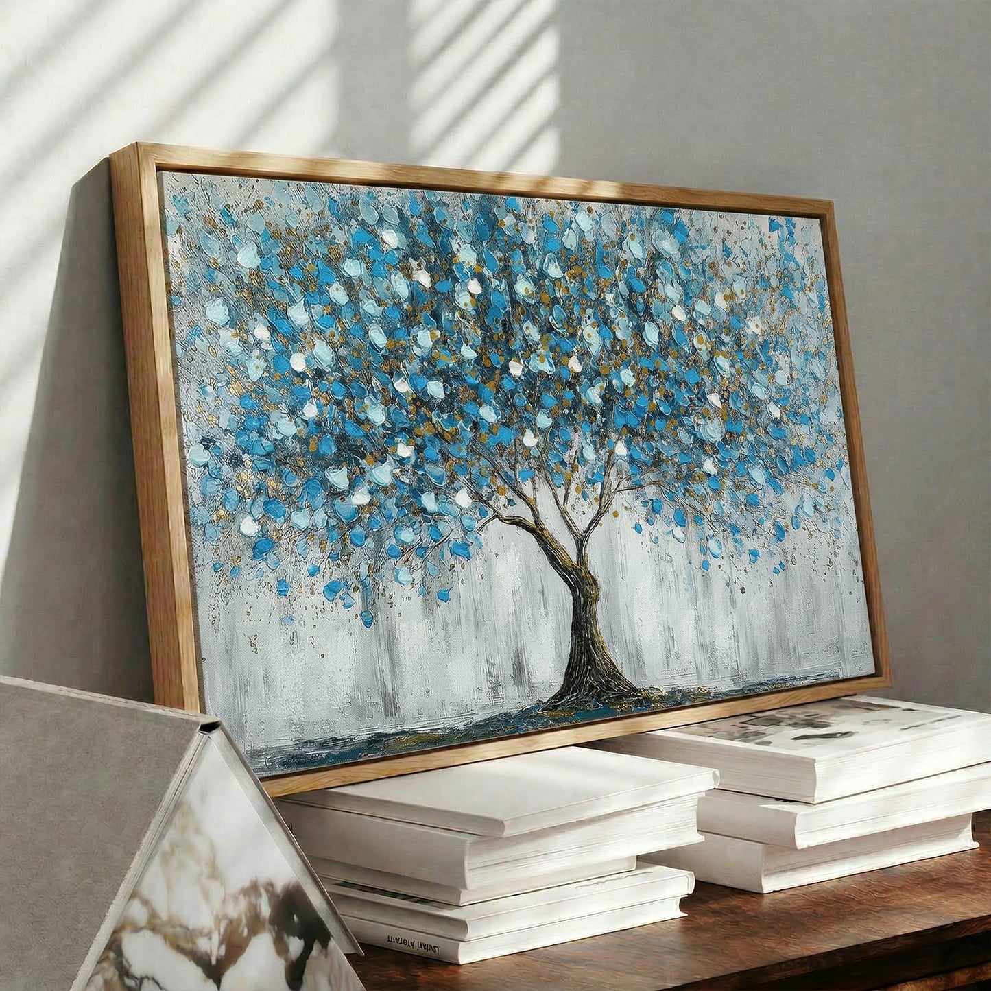ARPEOTCY 3D Textured Large Framed Canvas Wall Art Prints, Abstract Modern Hand-Painted Blue Tree of Life Oil Painting, Neutral Artwork Home Wall Decor for Living Room Bedroom Office, 16x24inch