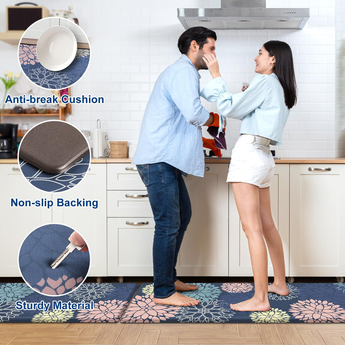 Anti-Fatigue Kitchen Mats Set 2 Piece, StepLively Blue Cushioned Foam Non-Slip Waterproof Standing Mats, Oeko-TEX Certified for Sink, Stove, Office & Laundry (17.3"x30"+17.3"x47")