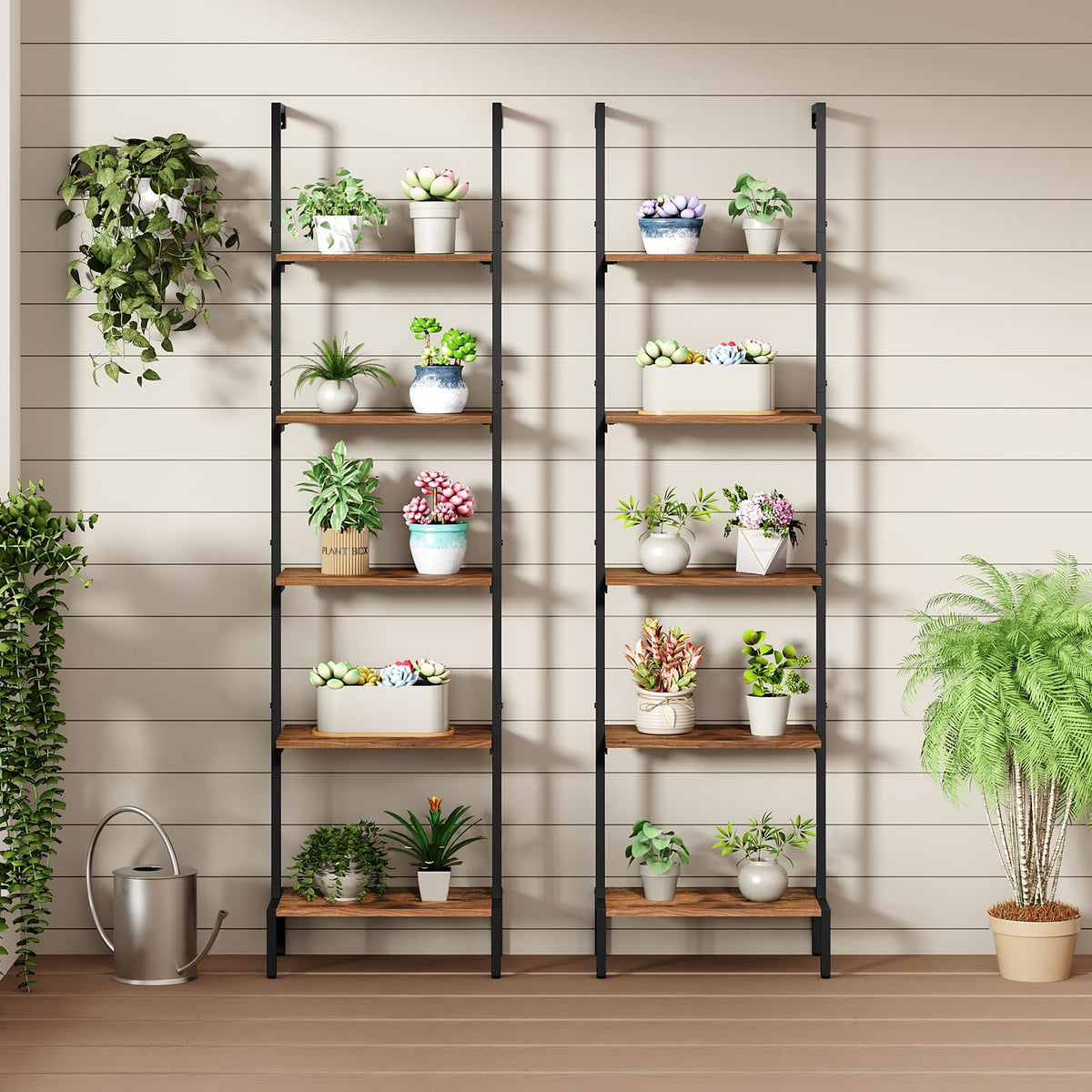MAHANCRIS Ladder Shelf, 5-Tier Bookshelf, Ladder Bookcase with Wall Mount, Heavy Duty Industrial Style Storage Rack for Living Room, Office, Kitchen, Bedroom, Rustic Brown and Black LSHR5501