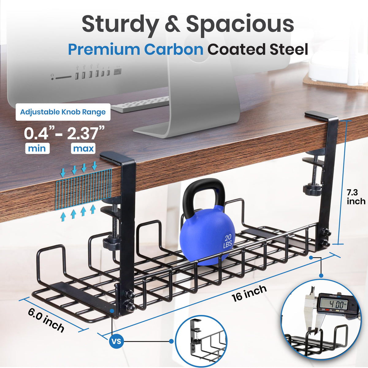 Under Desk Cable Management Tray, 16” No Drill Cord Organizer with Clamps for Wire Management, 4mm Sturdy Wire Desk Cable Organizer Tray, Cable Management Rack for Office