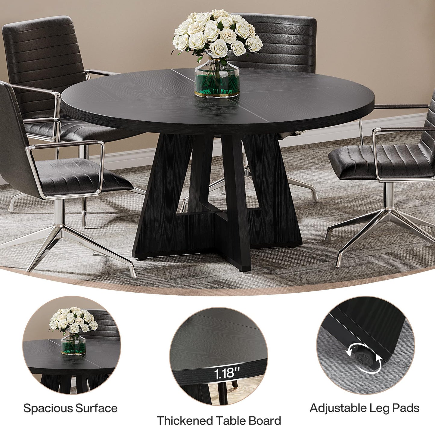 Tribesigns 47-Inch Round Conference Table for 4-6 People, Wooden Meeting Room Table with Thicken Tabletop and Wood Base (Black)
