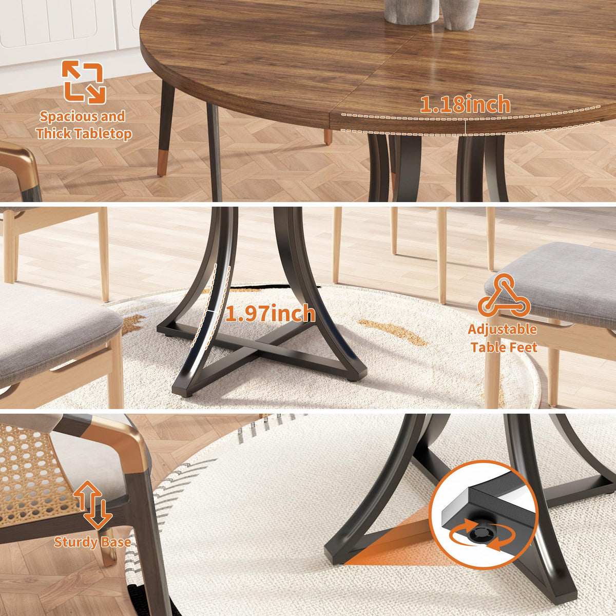 40 Inch Round Dining Table for 4 People, Modern Farmhouse Kitchen Table, Adjustable Feet, Circle Wood Dinner Table for Dining Room, Living Room, Apartment, Easy Assembly