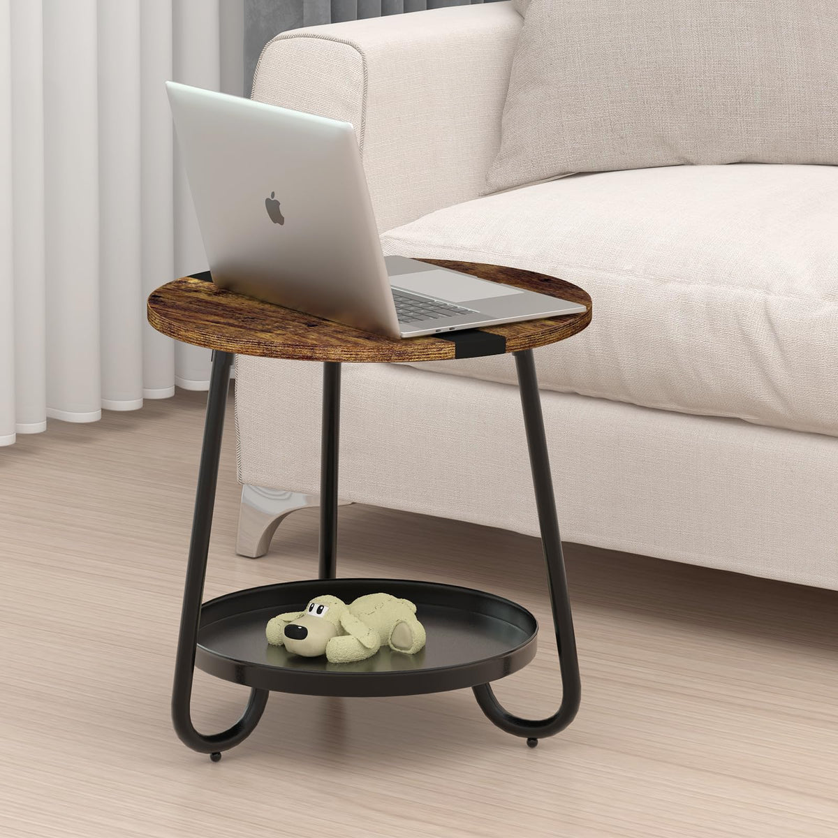 MOFAIN 2 Tier Coffee Table in Living Room, Industrial Style Round Coffee Table with Metal Tray, Wood Small Outdoor Coffee Table for Bedroom Balcony Patio, Rustic Brown