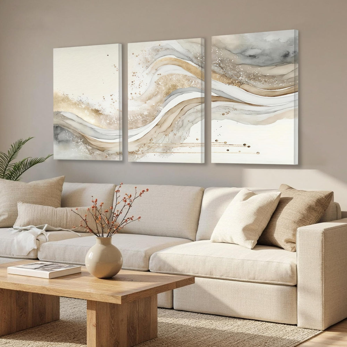 AVECCO 3 Pieces Gold Wave Abstract Wall Art, Modern Pictures Canvas Stylish Wall Decor,Minimalist Gold Art Prints for Bedroom Living Room Office Home Decoration Ready to Hang 20x30 Inch