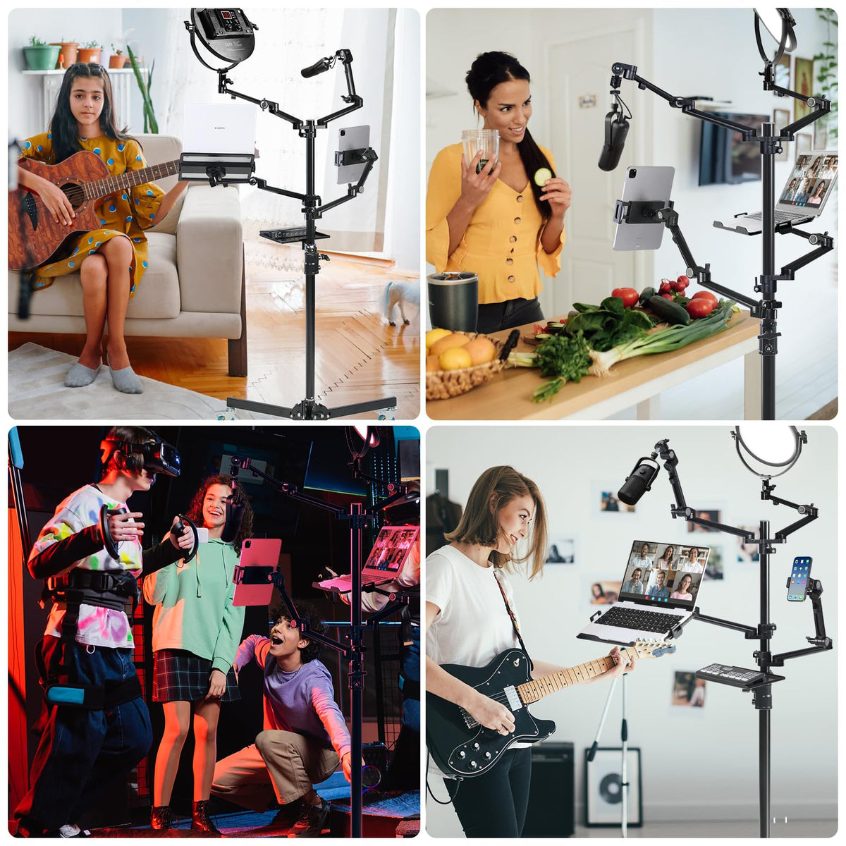GVM 5-in-1 Movable Live Streaming Floor Stand Kit with Wheels, Overhead Camera Mount with 10" LED Key Light/Mic Boom Arm/Tablet Laptop Phone Stand/Tray for Live Broadcast Podcast Video Recording Game