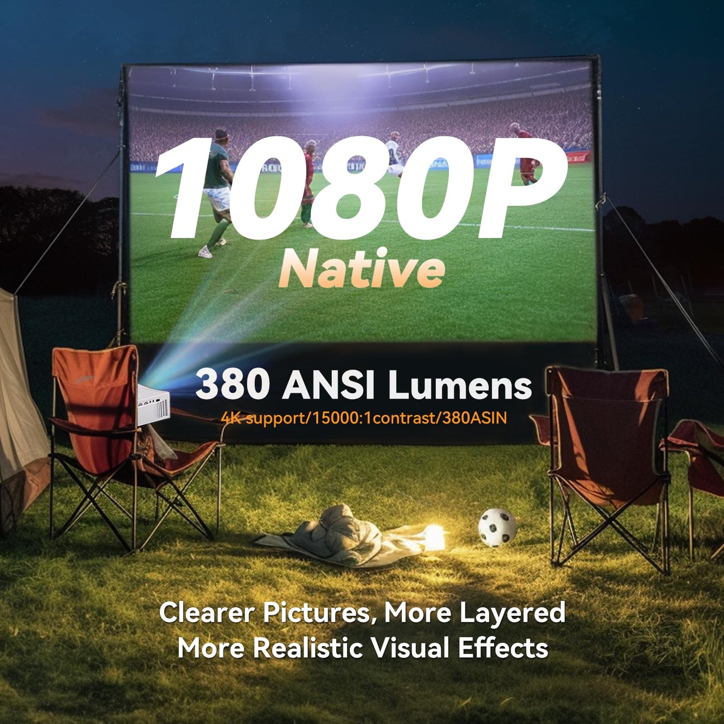5G WiFi Bluetooth Projector, Native 1080P Outdoor Movie Projector with 200" Display, 380ANSI Home Theater Video Projector 4K Supported, LED Video Projector Compatible with TV Stick, Phone/PC