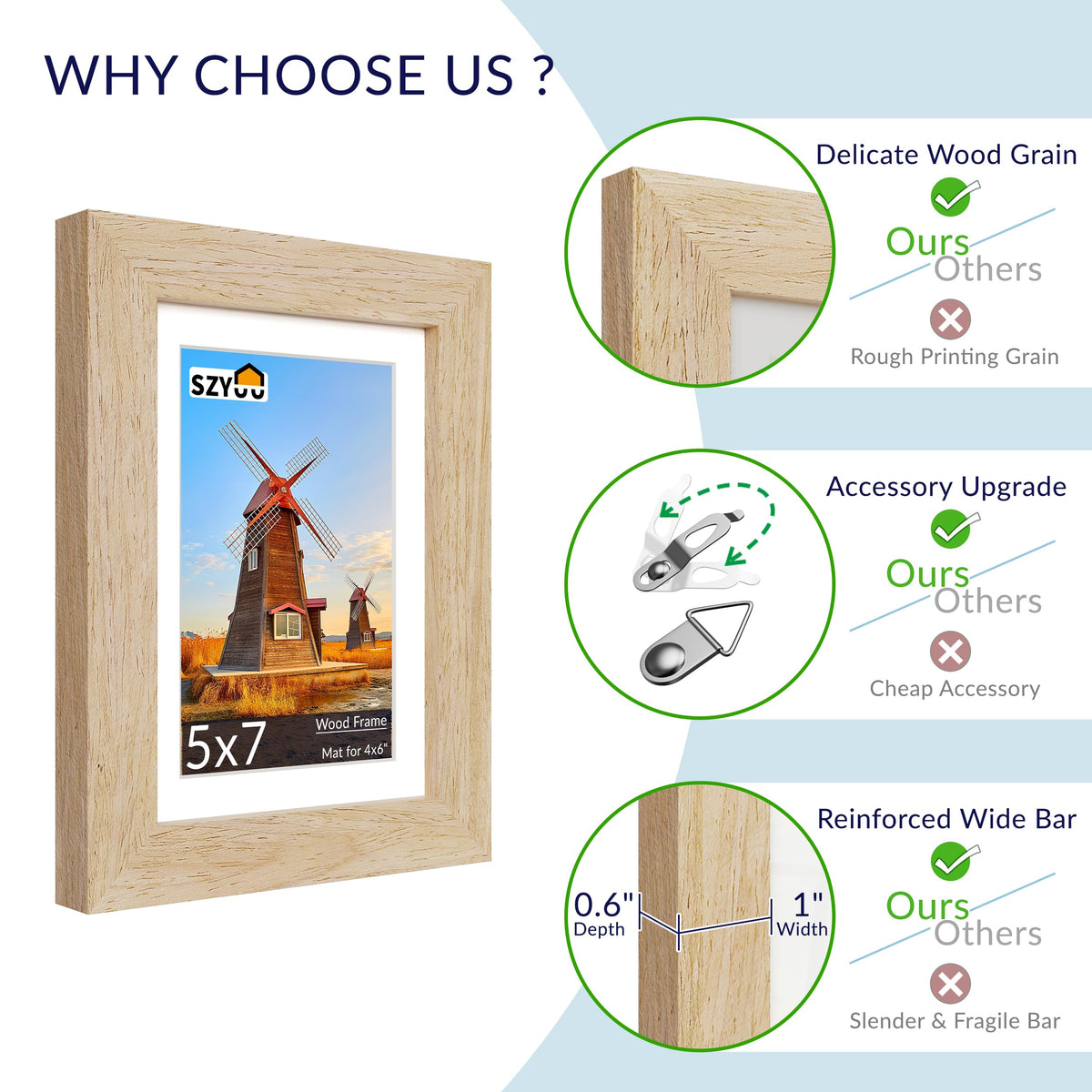 SZYUU 5x7 Picture Frame Set of 2 - Wood Frame with Real Glass, Display 4x6 with Mat or 5x7 without Mat, Photo Frame for Wall or Tabletop Display (Natural Oak)