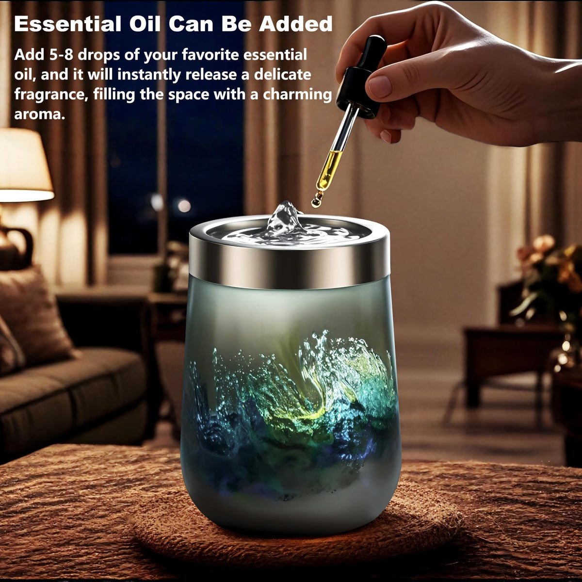 VOREEN Handblown Art Glass Tabletop Fountain, Quiet USB Desk Water Feature for Home & Office, Artisan-Made Landscape Glass Water Design with Soft White Ambient Glow, Collectible Décor Gift – Grey