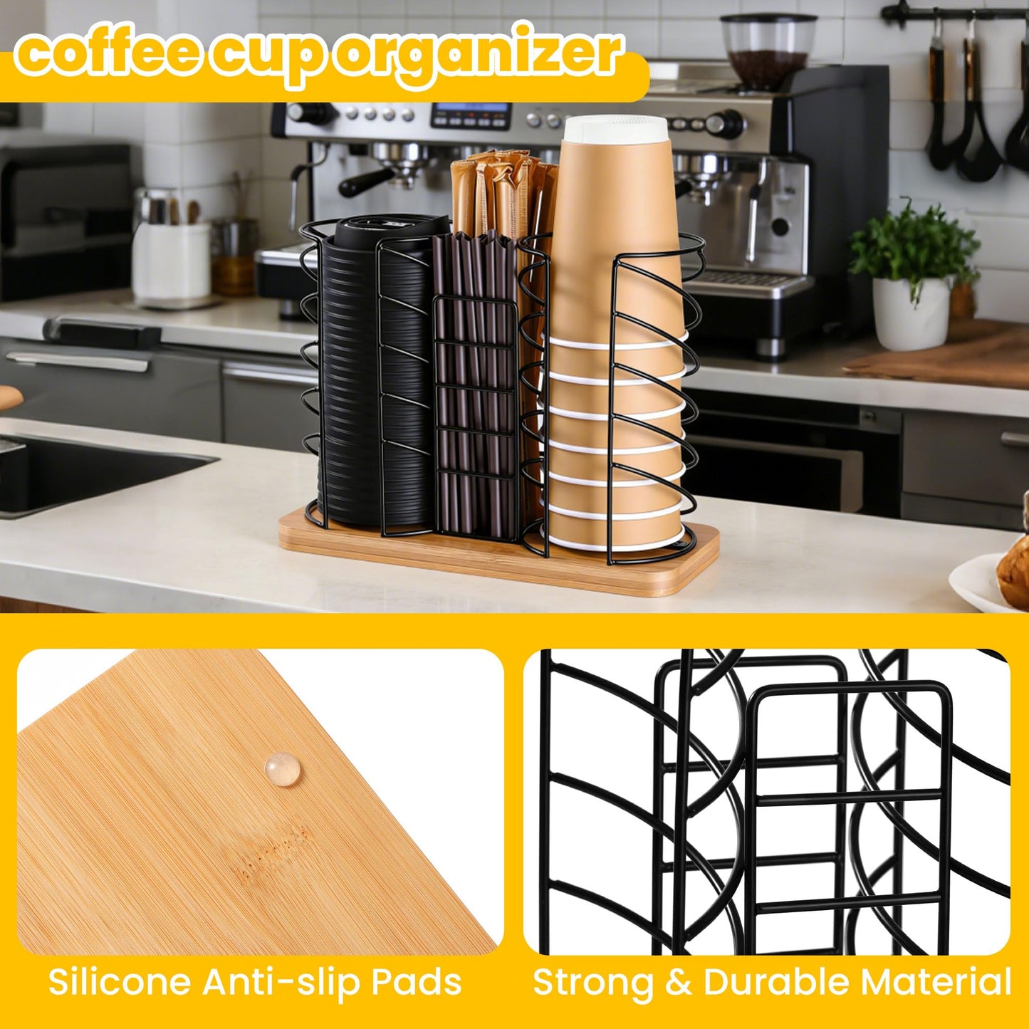 Mozabol Coffee Station Organizer for Countertop, Cup and Lid Organizer with Straw Holder, 3 Section Disposable Cup Dispenser Rack with Acacia Wood Base for Office, Cafe, Kitchen, Break Room