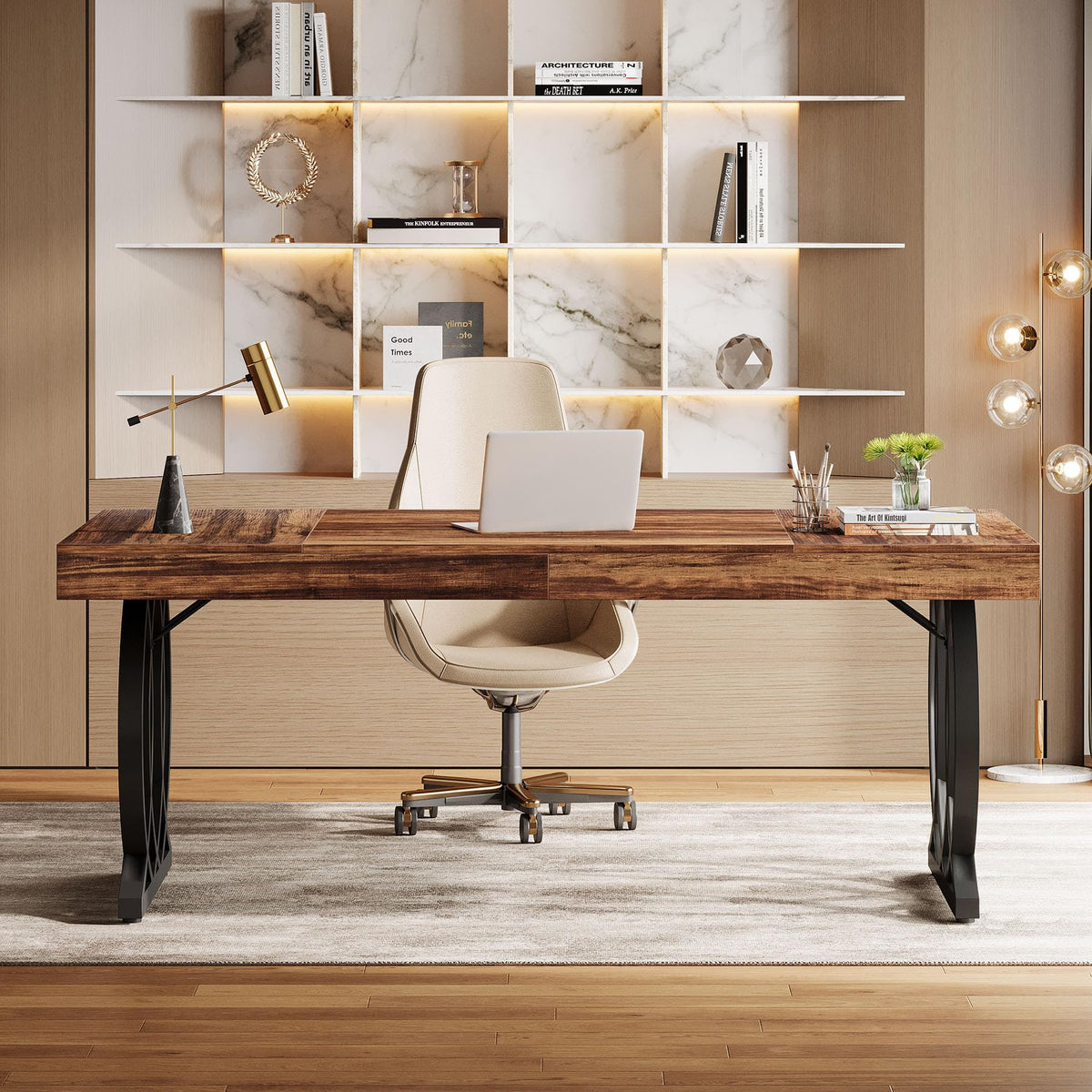 Tribesigns 63-Inch Executive Desk, Modern Office Computer Desk with Stylish Gold Legs, Rectangular Workstation for Home Office, Small Conference Table for Meeting Room (Brown & Black)