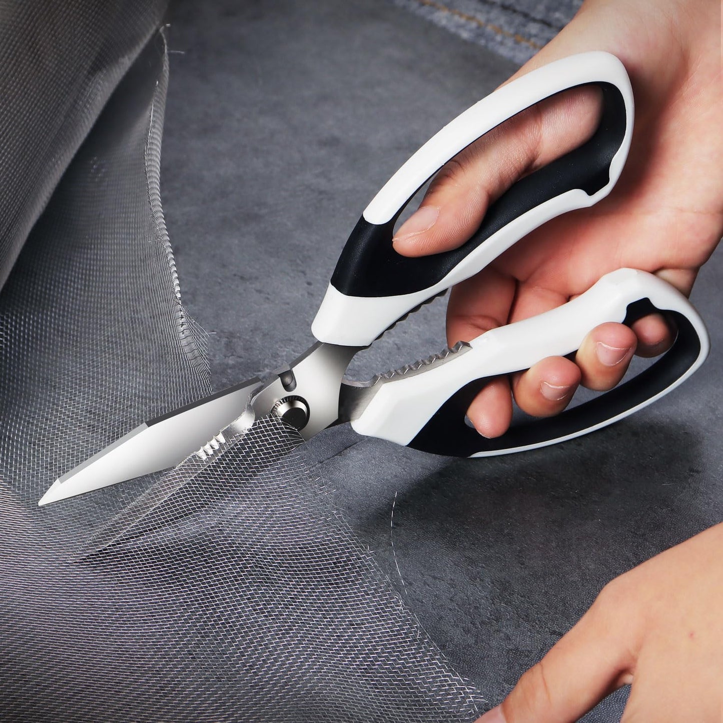 BoFuYuan 8-Inch Utility Scissors All Purpose Heavy Duty, Serrated Blade, White Comfort Grip for Cutting Carpet, Cardboard, Leather, Fabric, Multipurpose Sharp Shears for Kitchen, Garden, Office, Carft