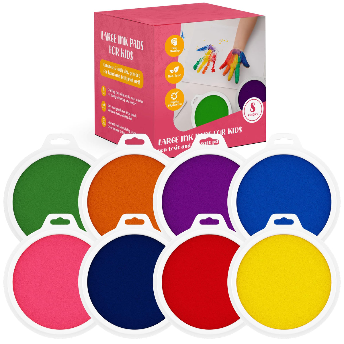 8 Pc Large Ink Pads for Kids - Washable Ink Pads for Kids - Hand/Handprint/Footprint Size - Washable Stamp Pads Kids Non Toxic Ink Pads for Stamps, Crafting, Finger Paint, Card Making, Gift for Kids