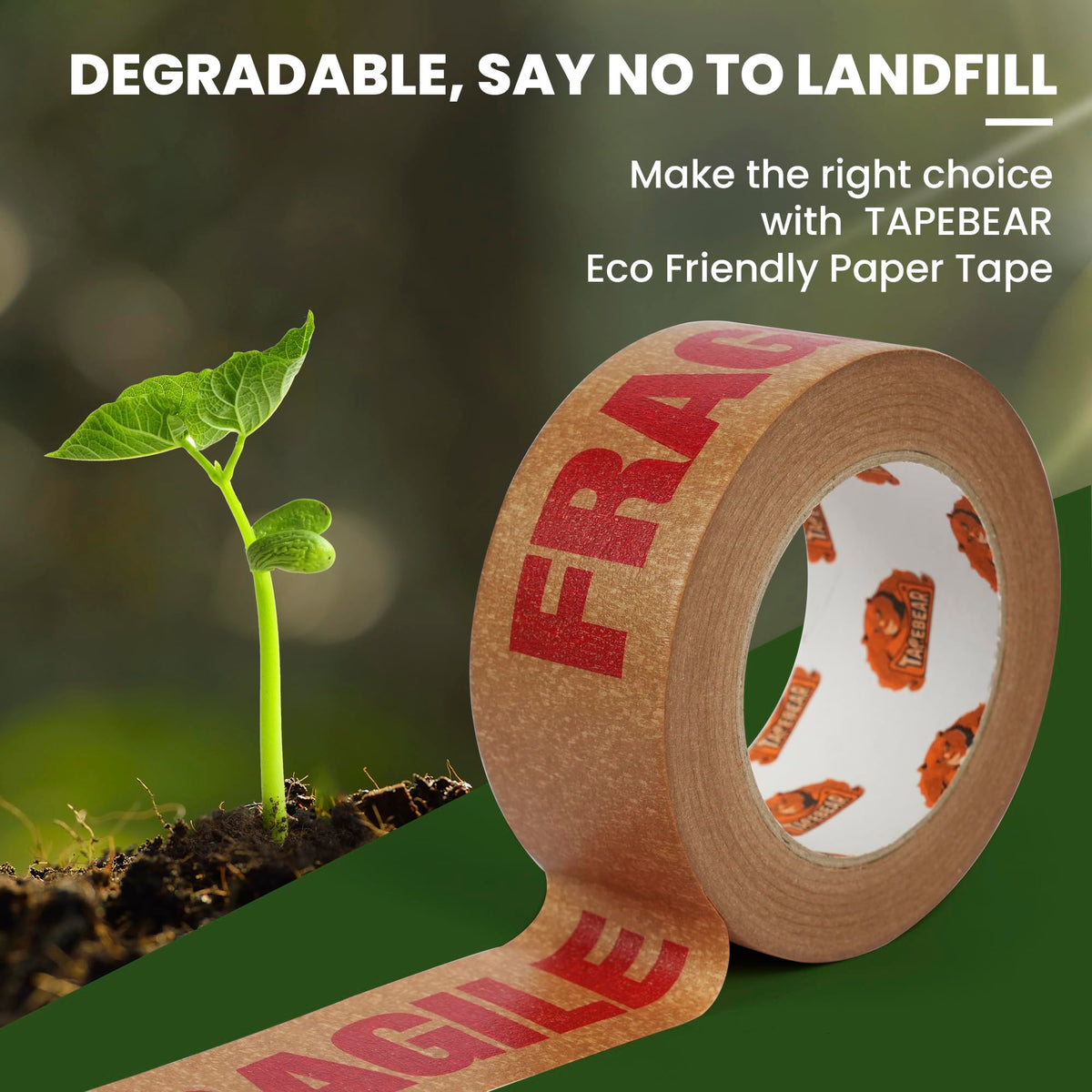 TAPEBEAR Fragile Tape Eco-Friendly Kraft Paper Tape 2Inch x 55Yard, Biodegradable Packaging Brown Paper Tape Self Adhesive Box Tape for Small Business, Shipping, Sealing, Moving, 6Rolls