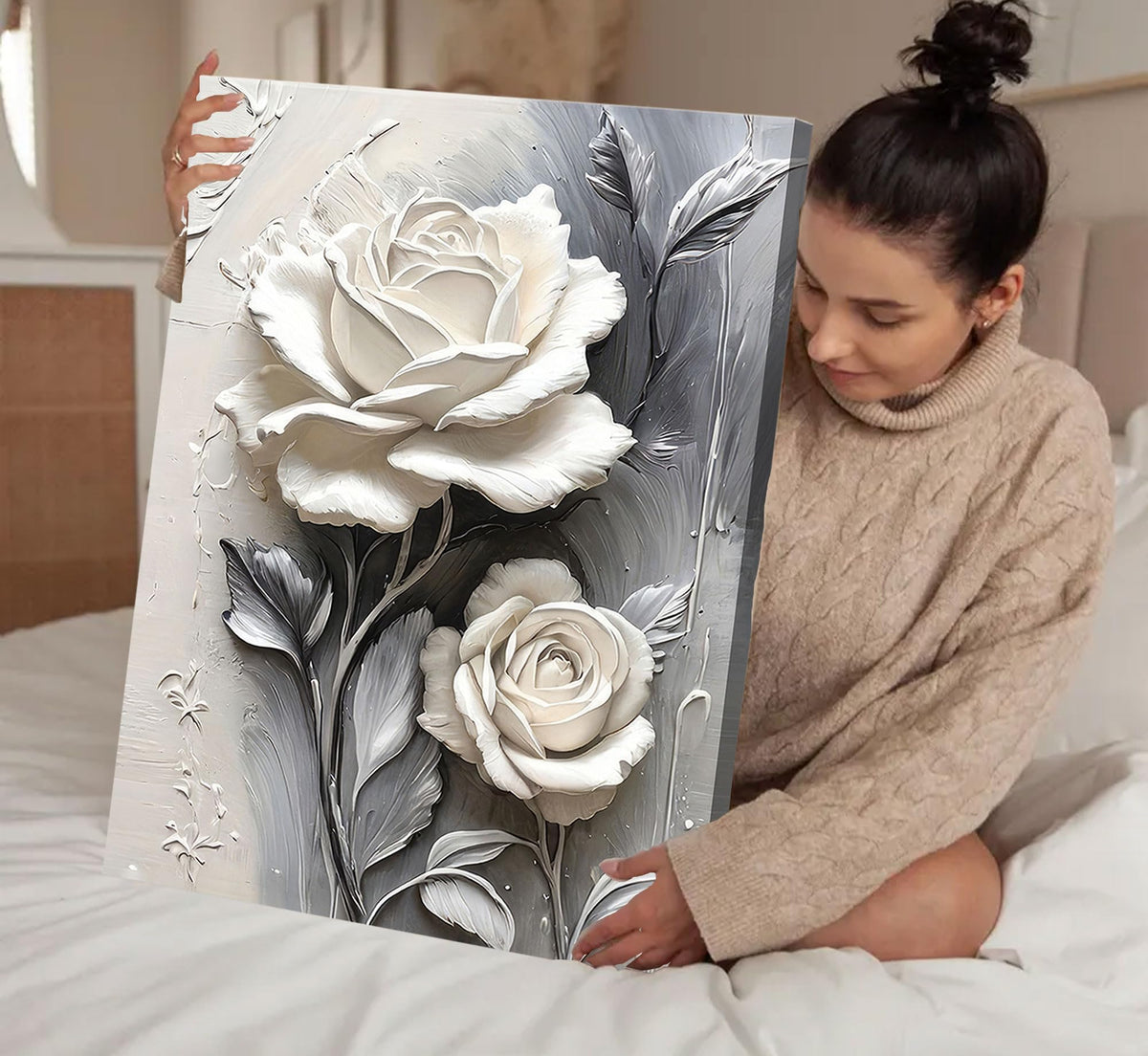 Elegant White Rose Canvas Wall art Modern Abstract Floral Wall Decor Picture White Blooming Flowers Poster Print Painting for Office Living Room Bedroom Bathroom Home Decorate Prepare To Hang