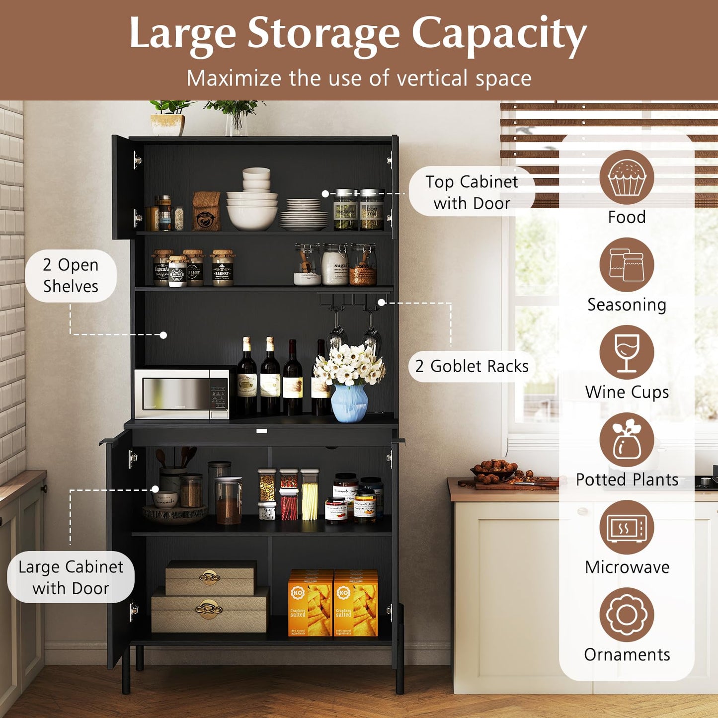 Giantex 64.5" Kitchen Pantry Cabinet with Charging Station, Tall Buffet Hutch with Storage Cabinets, Adjustable Shelf, Wine Racks, Modern Sideboard for Dining Room, Living Room, Coffee Bar, Black