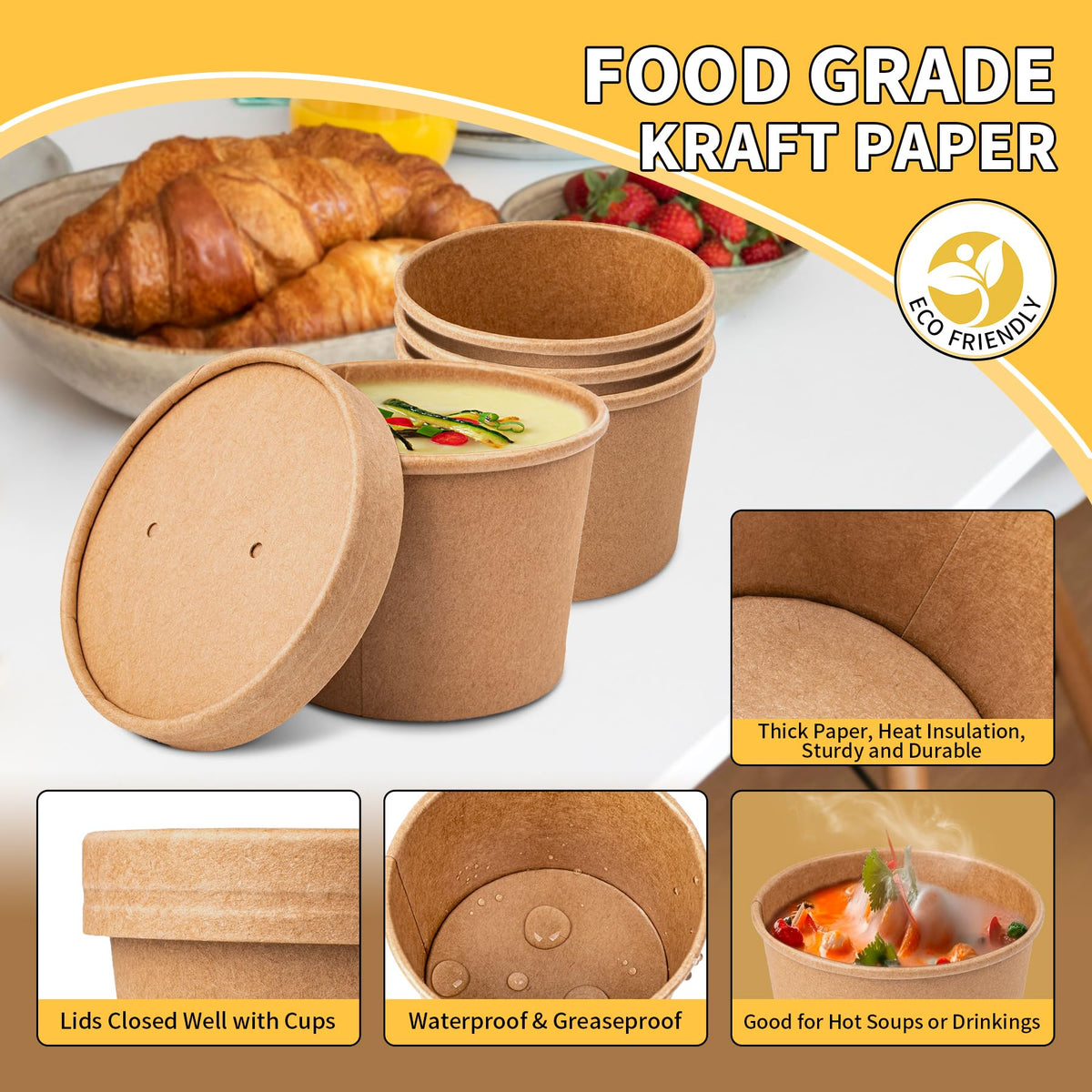 PakTalk 50 Pack Soup Containers with Lids, Disposable and Biodegradable Ice Cream Cups Kraft 12oz Paper Soup Bowls with Lids for Hot Drinking, Food, and Ice Cream (50 sets, 12 oz)